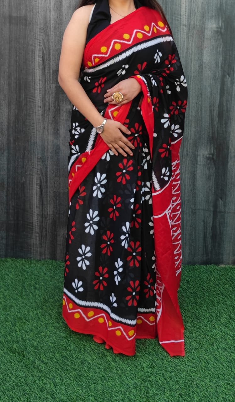 Bagru Block Printed Mulmul Cotton Saree